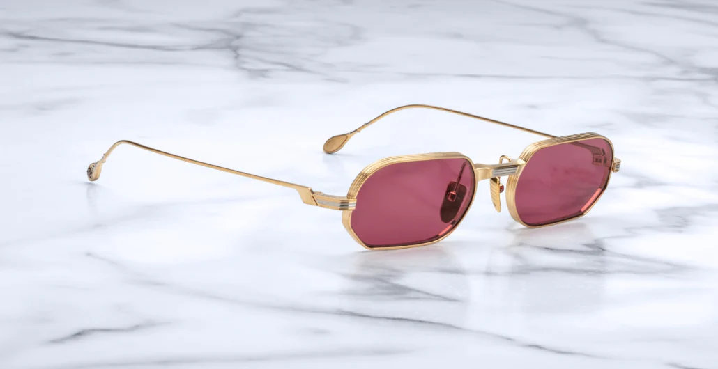 Sunglasses Model The Sidewalk Doctor in Gold with Magenta lenses in collaboration with Enfants Riches Déprimés for Jacques Marie Mage