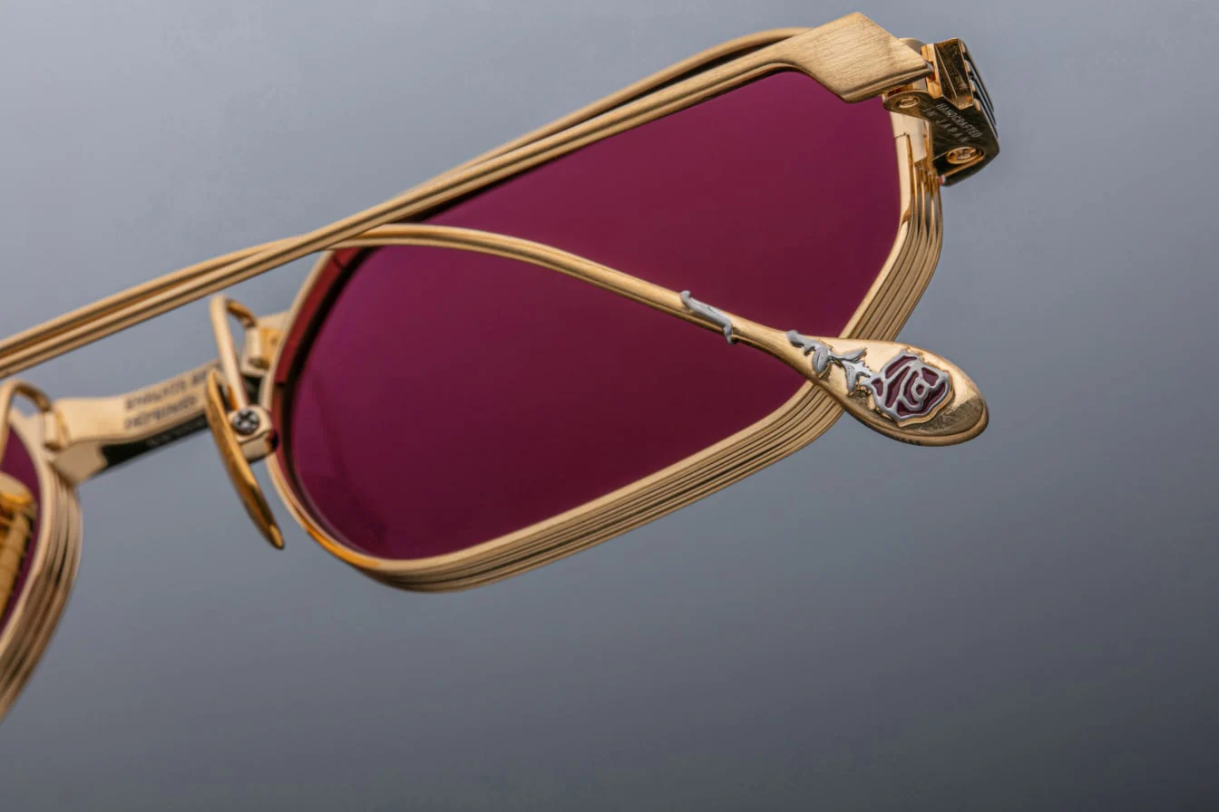 Sunglasses Model The Sidewalk Doctor in Gold with Magenta lenses in collaboration with Enfants Riches Déprimés for Jacques Marie Mage