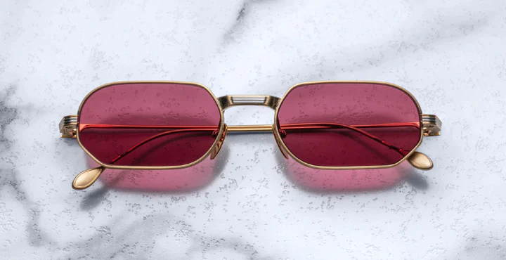 Sunglasses Model The Sidewalk Doctor in Gold with Magenta lenses in collaboration with Enfants Riches Déprimés for Jacques Marie Mage