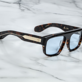 Sunglasses frame model Ritz in color Tortoise with Baby Blue lenses in collaboration with George Cortina for Jacques Marie Mage