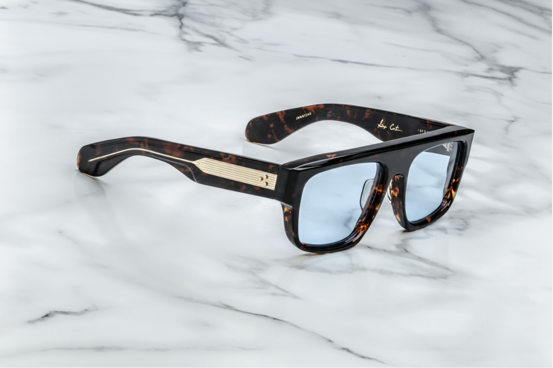 Sunglasses frame model Ritz in color Tortoise with Baby Blue lenses in collaboration with George Cortina for Jacques Marie Mage