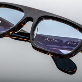 Sunglasses frame model Ritz in color Tortoise with Baby Blue lenses in collaboration with George Cortina for Jacques Marie Mage