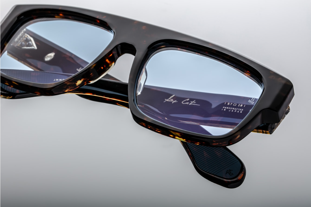 Sunglasses frame model Ritz in color Tortoise with Baby Blue lenses in collaboration with George Cortina for Jacques Marie Mage