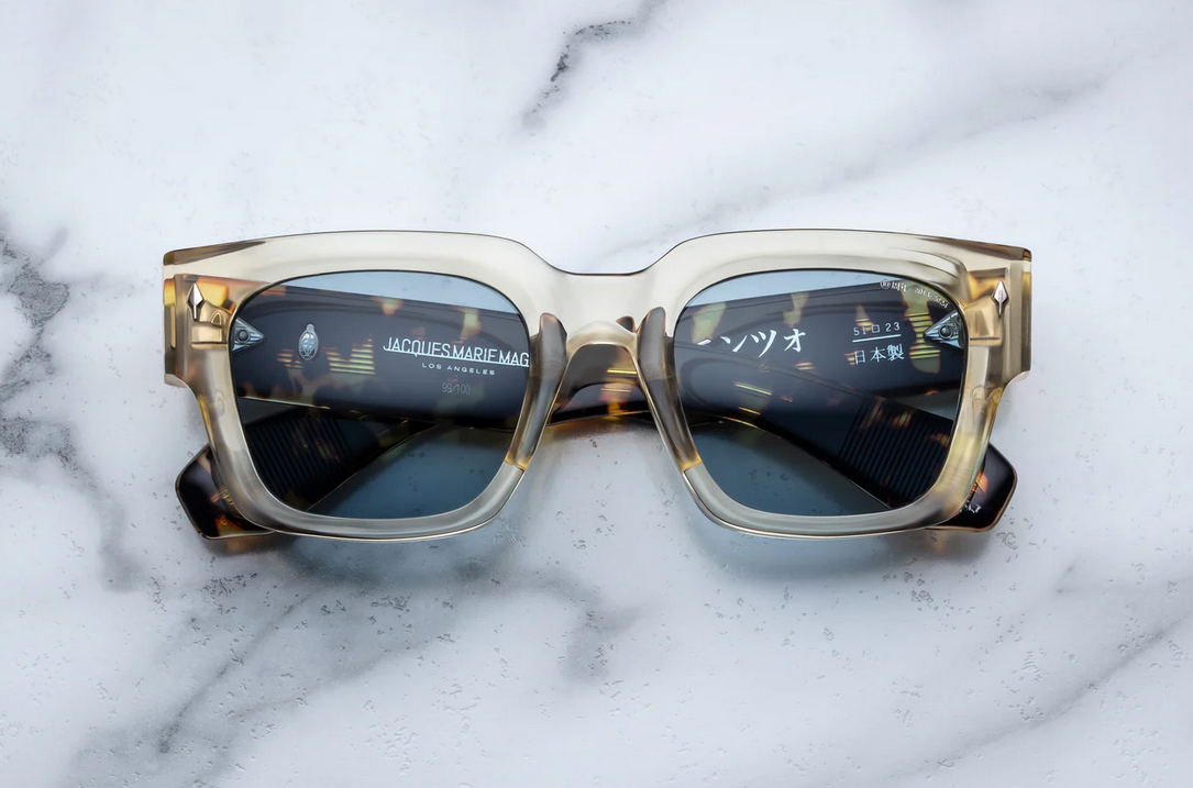 Sunglasses Model Enzo Decade collection in Color Dun with Vintage Blue lenses from Jacques Marie Mage