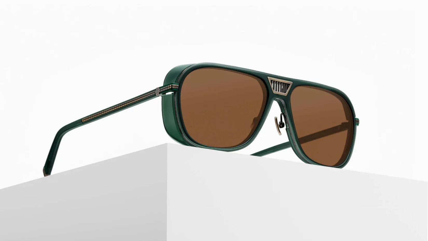 Sunglasses Matsuda model M3023-V2 in Color Antique Gold and Matte Bottle Green with Brown Lenses