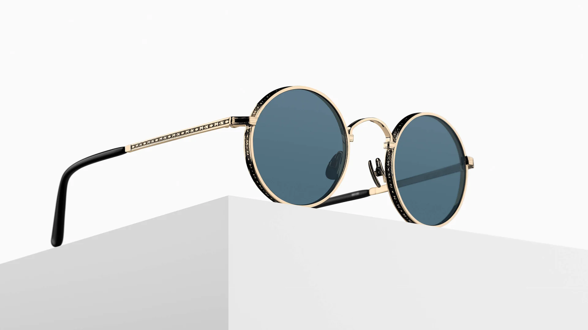 Sunglasses Matsuda model M3100 in Color Brushed Gold and Matte Black with Blue Grey CR39 Lenses
