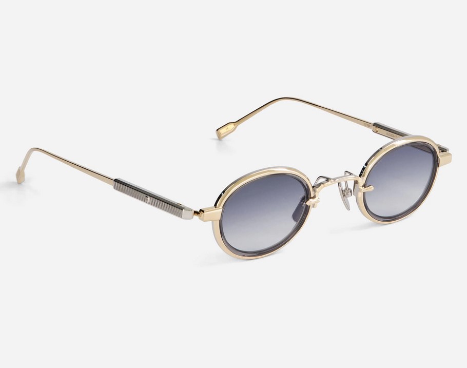Sunglasses from Sato Eyewear collection Model Algedi-T in Color Lunar Gold and Platinium with Gradient Blue Grey lenses
