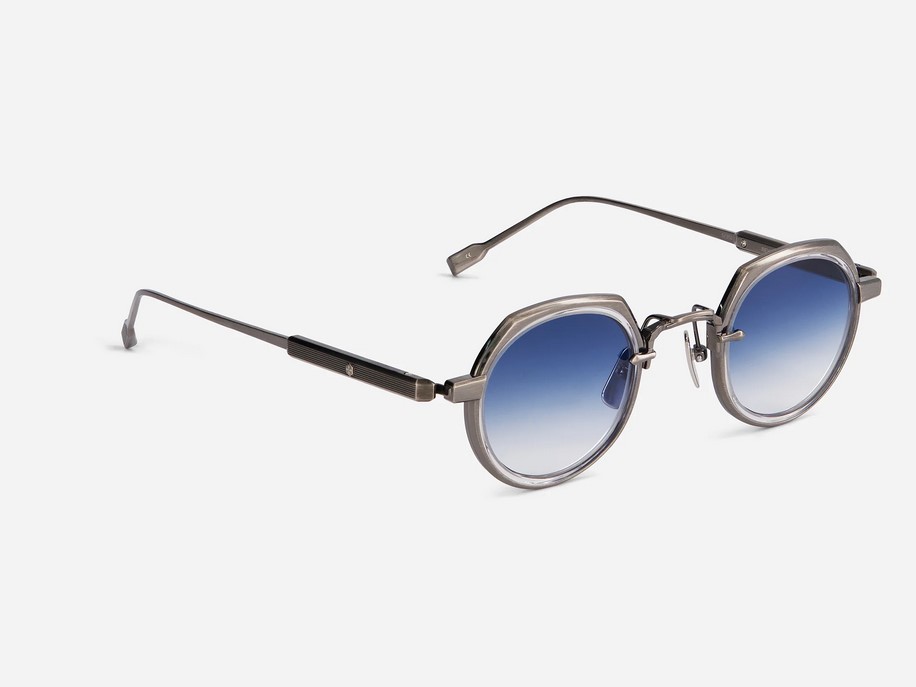 Sunglasses from Sato Eyewear collection Model Revati-T in Color Antique Silver and Crystal with Gradient Blue lenses