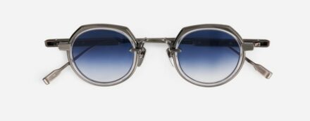 Sunglasses from Sato Eyewear collection Model Revati-T in Color Antique Silver and Crystal with Gradient Blue lenses