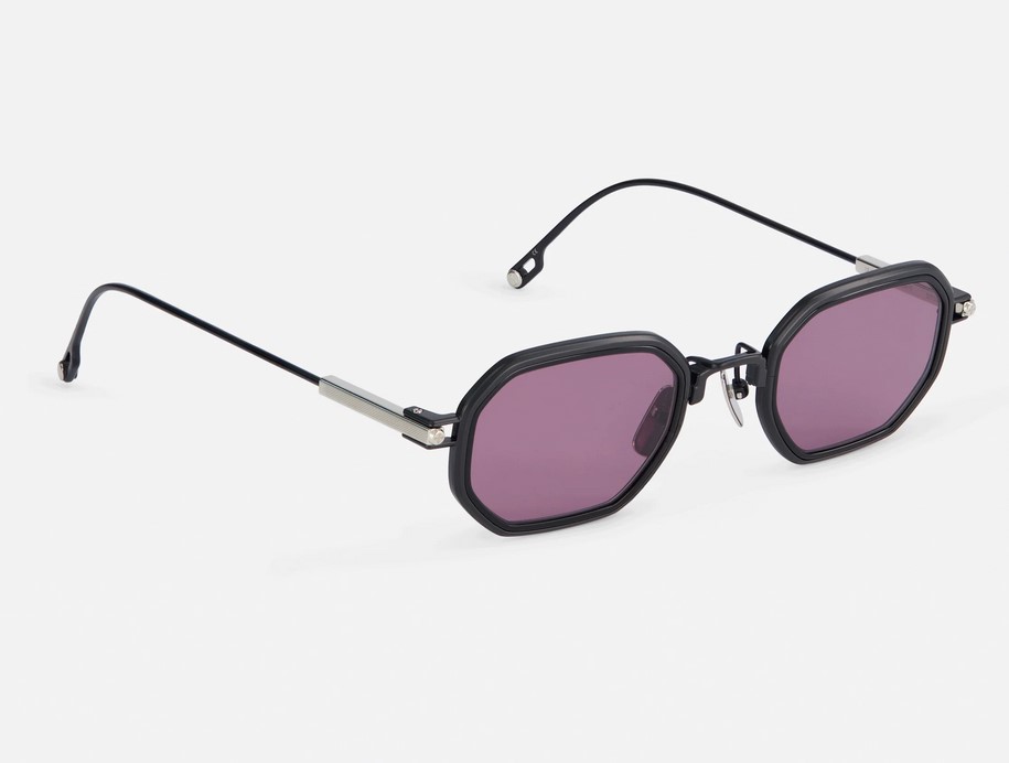Sunglasses from Sato Eyewear collection Model Timir in Color Black Matte and Platinum with Purple lenses