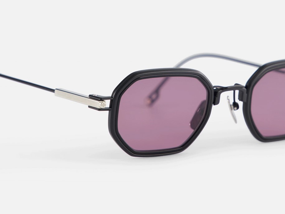 Sunglasses from Sato Eyewear collection Model Timir in Color Black Matte and Platinum with Purple lenses
