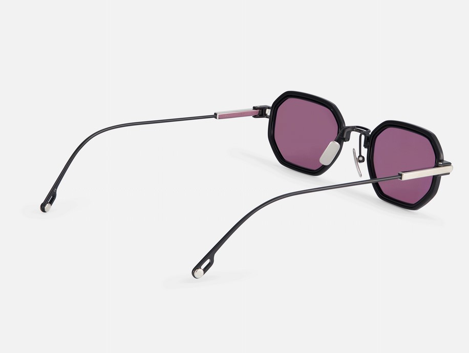 Sunglasses from Sato Eyewear collection Model Timir in Color Black Matte and Platinum with Purple lenses