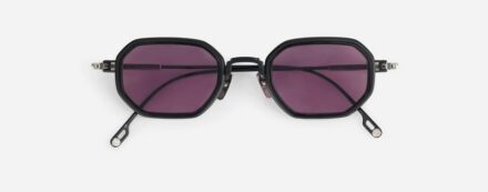 Sunglasses from Sato Eyewear collection Model Timir in Color Black Matte and Platinum with Purple lenses