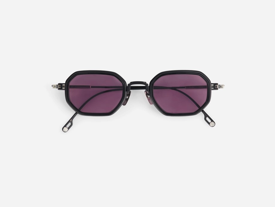 Sunglasses from Sato Eyewear collection Model Timir in Color Black Matte and Platinum with Purple lenses